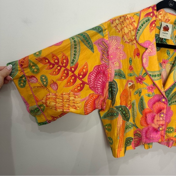 Farm Rio Macaw Bloom Matching Set Shirt Pants Yellow Pink Floral Animal Print - Picture 4 of 14